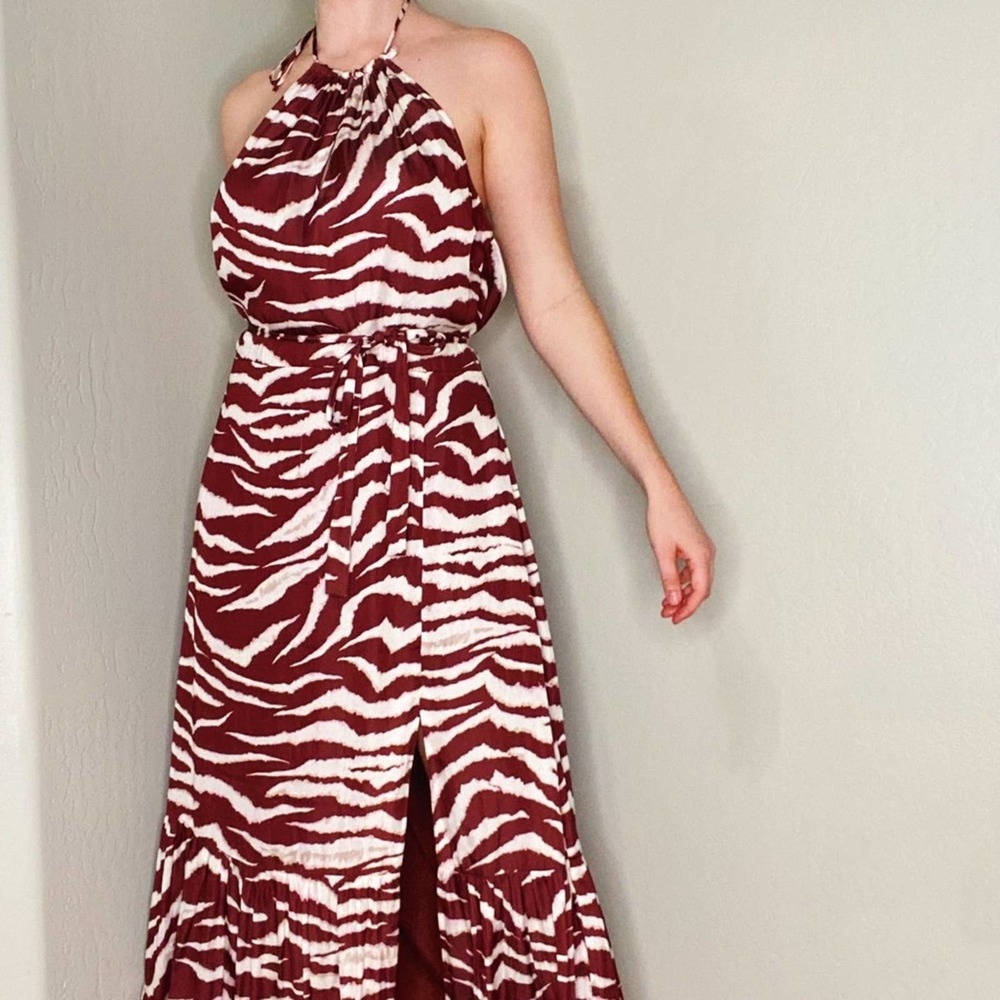 Paige Jade Zebra Print High Neck Backless Long Midi Dress Wedding Guest - Picture 3 of 9